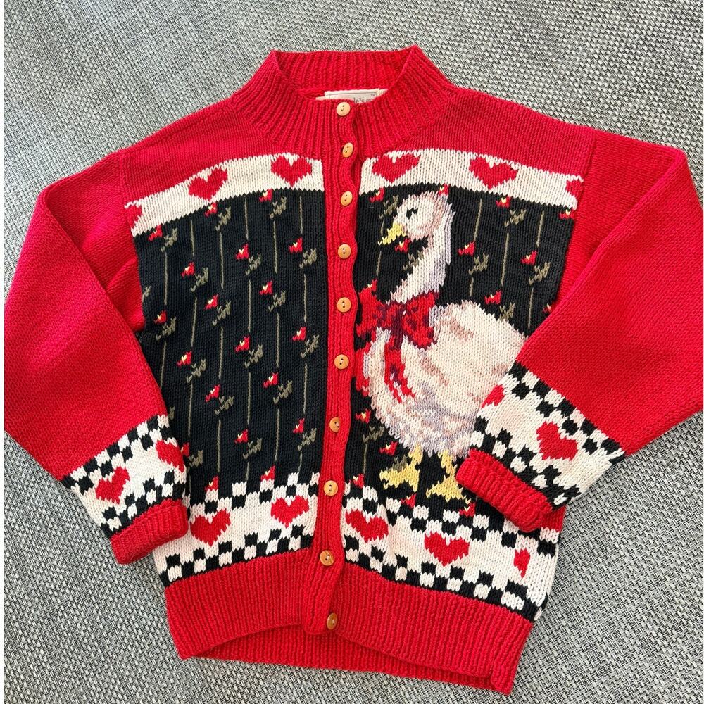 VINTAGE EAGLE'S EYE Hand Knit Chunky Hearts Goose Cardigan Sweater S Cottagecore